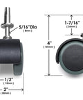 2 Inch Floor Protector Rubber Caster Wheels Set Of 4 With 5 Sixteenth Inch Stem for Hardwood Floors, side and top view with dimensions