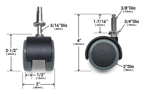 2 Inch Floor Protector Rubber Caster Wheels Set Of 4 With 5 Sixteenth Inch Stem for Hardwood Floors, side and top view with dimensions