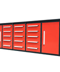 Rock Solid Ten Foot Heavy Steel Workbench And Tool Cabinet Featuring Fifteen Locking Drawers And Pre Cut Non Slip Liners For Your No Nonsense Garage Setup, red and black design.