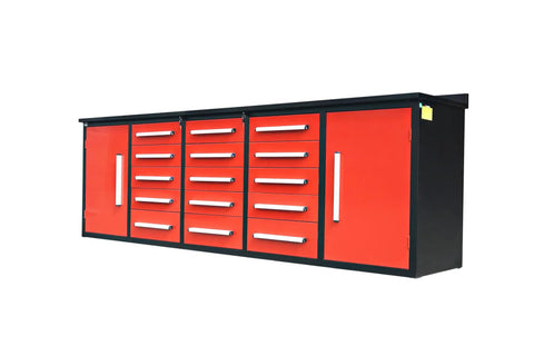 Rock Solid Ten Foot Heavy Steel Workbench And Tool Cabinet Featuring Fifteen Locking Drawers And Pre Cut Non Slip Liners For Your No Nonsense Garage Setup, red and black design.