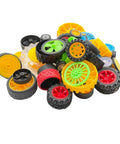 56 Piece Toy Wheel Set With Shafts For DIY Model Cars Trucks And Robots, colorful wheels of various sizes in a pile