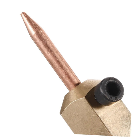 Close-up of brass tip from Seamless Electric Welding Hammer Kit With Heavy-Duty Magnets And Wire Brush For Auto Body Shaping And Dent Repair.