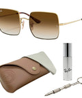 RB1971 Square Shape Stylish Sunglasses For Women Non Polarized With Clear Gradient Brown Lenses Includes Official Eyewear Kit, shown with case and cleaner