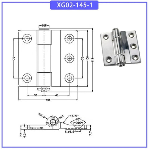 Technical drawing and image of 304 stainless steel industrial door hinges, model XG02-145-1. Ideal for heavy-duty warehouse and factory doors.