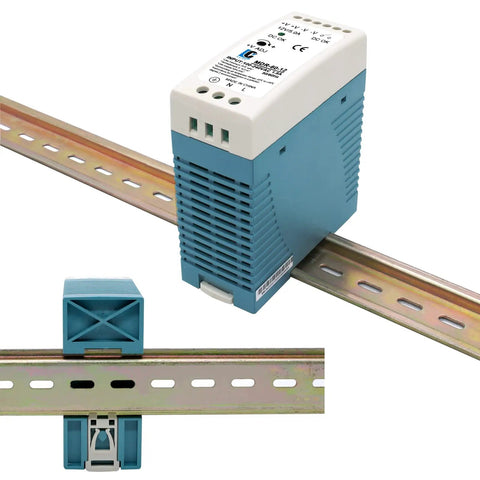 12V DC DIN Rail Power Supply 60W 5A, 100-240VAC Input, 12V Output, shown mounted on rail