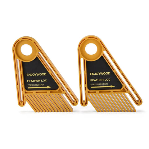 Heavy Duty Double Feather Board For Router Table Saws Delivering Badass Rock Solid Clamping Performance With Sweet Miter Slot Adjustment For Nail Tight Workpiece Grip During Smooth Routing Or Dado Cuts, set of two yellow feather boards.