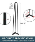 Diagram showing 22 Inch Industrial Hairpin Table Legs Set Of Four With 3 Eighths Inch Diameter, specifications, and dimensions.