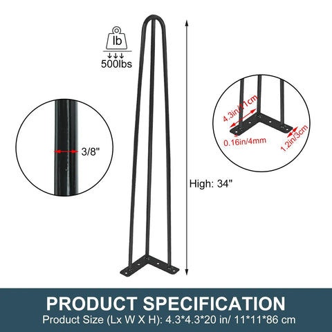 Diagram showing 22 Inch Industrial Hairpin Table Legs Set Of Four With 3 Eighths Inch Diameter, specifications, and dimensions.