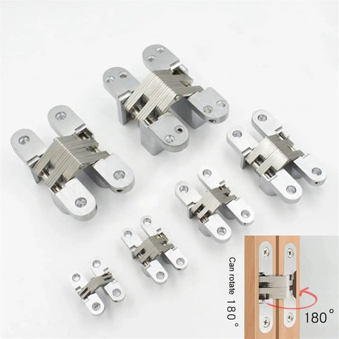 Various sizes of concealed barrel cross door hinges for wooden boxes and cabinets, invisible folding door hardware, silver finish.