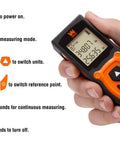 Compact Digital Laser Distance Meter With Backlit Screen For Real Time Distances, Area And Volume, 130 Foot Range, Switch Between SAE And Metric Units In Inches, Feet And Meters, Measure From Either Base Or Top in hand