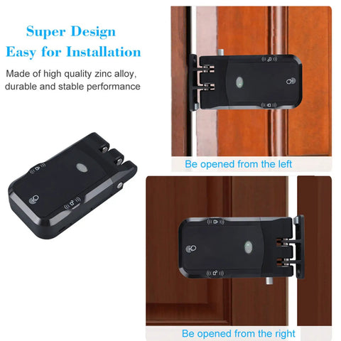 Hella Reliable Dual Motor Smart Lock With Remote Control Deadbolt mounted on a door, showing entry angles and design details.