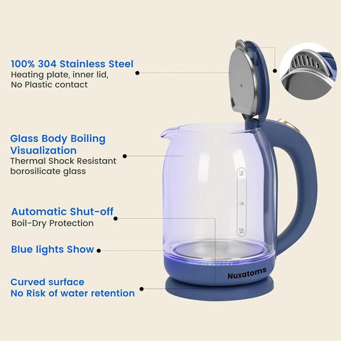 Glass Electric Kettle With No Plastic Contact With Water 1.8L Borosilicate Glass Teapot with LED blue light boiling window and 360° swivel base