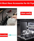 7.5 Inch Round Air Fryer Silicone Liners 2 Pack Reusable For 3-5 Qt Pots shown being cleaned in a sink and dishwasher