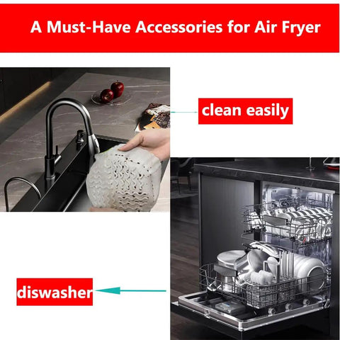 7.5 Inch Round Air Fryer Silicone Liners 2 Pack Reusable For 3-5 Qt Pots shown being cleaned in a sink and dishwasher