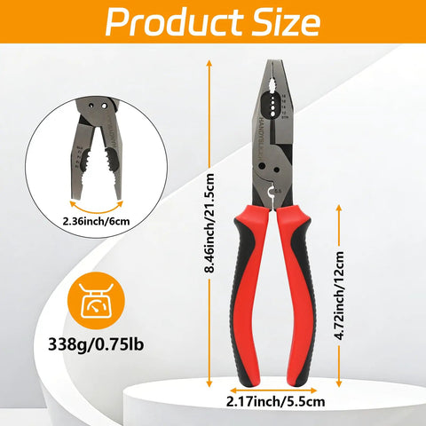 8.5 Inch 7 In 1 Linesman Pliers Set With Wire Cutter Stripper Crimper Bolt Extractor Reamer And Screw Shearing, product size display