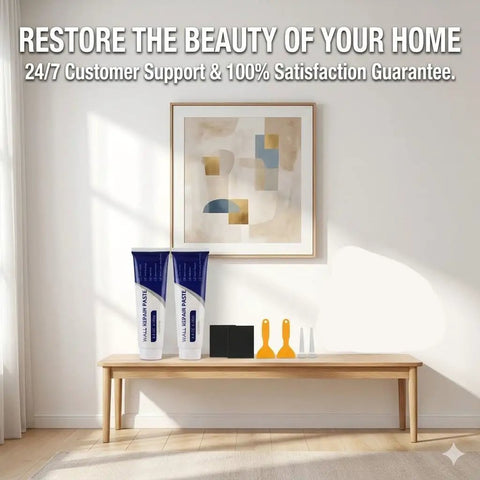 Mega All In One Drywall Repair Kit 500g Spackle Paste With Scrapers And Sandpaper displayed on a table in a modern room