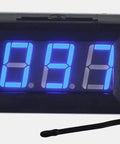 Front view of Digital Temperature Meter 0 To 167 Degrees Fahrenheit With Blue LED Display MF55 NTC Thermistor Sensor Two Wire And Reverse Polarity Protection In Black Case showing blue digits.