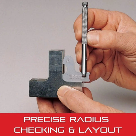 Hands using Radius Gage Set For Convex And Concave Radii With 110 Holder, Stainless Steel, 17 Gages for precise radius checking.