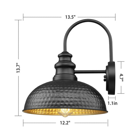 Farmhouse Outdoor Barn Light Fixture 12 Inch Dome Exterior Wall Light Rustic Wall Sconce Lantern for Porch Garage and Doorway featuring matte black finish with gold interior bead shape design.
