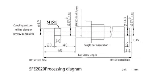Technical diagram of 20mm Lead Ball Screw Kit With Nut, End Supports, Flexible Coupler, Nut Housing And Nema 34 Motor Bracket For Precise CNC Motion, 1320mm (51.97in) Long, SFE2020 RM2020 showing dimensions and components.