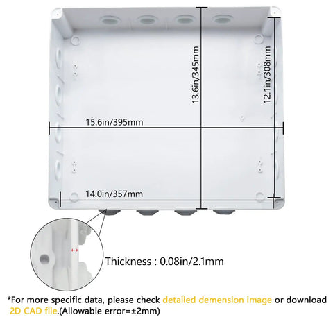 Rugged ABS Plastic IP65 Dustproof Waterproof Junction Box Electrical Enclosure White with dimensions and cable entries view.