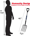 4-Tine Spading Digging Fork With D-Grip Handle, Rugged Garden Tool For Breaking Up Soil, 41 Inch Length beside human silhouette