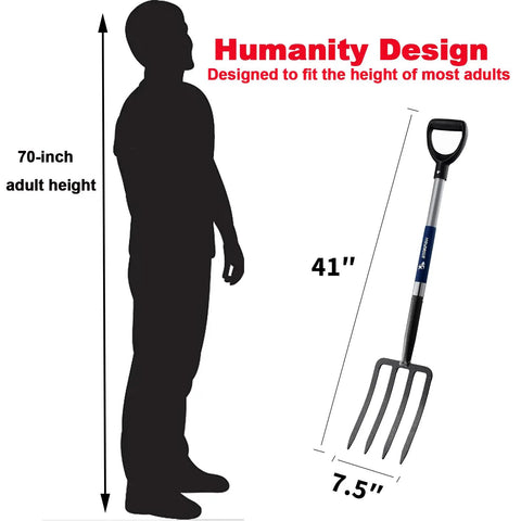 4-Tine Spading Digging Fork With D-Grip Handle, Rugged Garden Tool For Breaking Up Soil, 41 Inch Length beside human silhouette