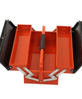 Portable Cantilever Toolbox With Retractable 3 Tray Metal Rolling Organizer For Heavy Duty Workshop Garage Storage. Open view.