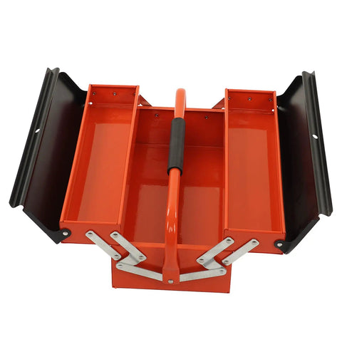 Portable Cantilever Toolbox With Retractable 3 Tray Metal Rolling Organizer For Heavy Duty Workshop Garage Storage. Open view.