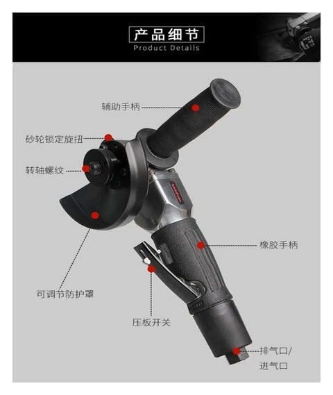 Heavy Duty Pneumatic Angle Grinder 5 Inch Pro Shop Ready Air Powered Tool With Knockout Torque displayed from the side with controls.