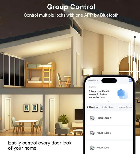 Fingerprint Door Lock With Biometric Thumbprint, App Control, And Key Access in a smart home setting showing app interface.