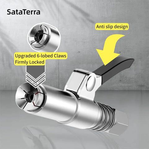 Grease Gun Coupler Kit Built Tough With 12 Inch Spring Hose And Six Fittings Quick Lock Release High Pressure 10000 PSI Universal One Eighth NPT Fits All Grease Guns Heavy Duty Alloy Steel showing anti-slip design and 6-lobed claws.