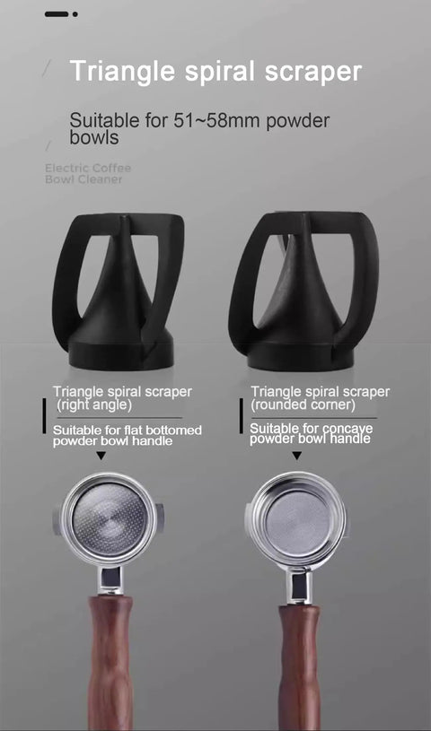 Electric Portafilter Cleaner With Zero Headache Grounds Knock Box for triangle spiral scrapers and portafilter tools.