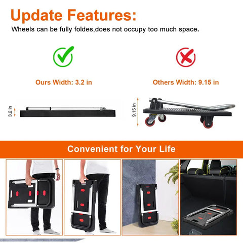 Comparison of Folding Hand Truck With Platform Design For 330 Lb Capacity Heavy Duty Dolly Cart showing compact 3.2-inch width.
