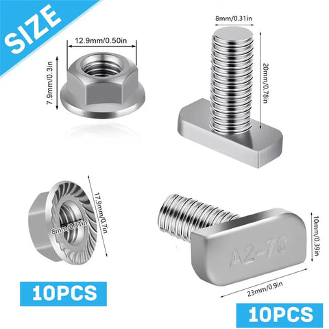 M8x20mm T Slot Drop In Bolt Set With Hammer Head Screws And Flange Nuts for aluminum extrusion profiles solar mounting