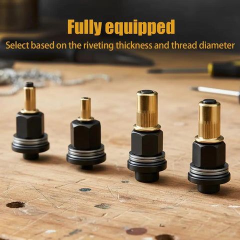 Heavy Duty Head Rivet Nut Tool Kit With 6 Pliers And 60 Carbon Steel Press-In Nuts For Fasteners Size M3 To M10 Makes Any DIY Job Super Easy And Smooth., four rivet nut tool heads on wood