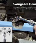 Locking Flexible Extendable Ratchet Wrench With A 180 Degree Flex Head for Three Eighth Inch Drive in use on machinery