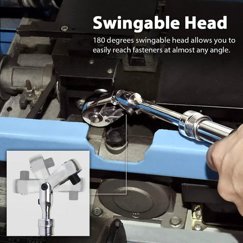 Locking Flexible Extendable Ratchet Wrench With A 180 Degree Flex Head for Three Eighth Inch Drive in use on machinery