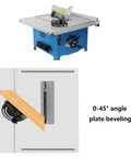 Hustle Ready 8 Inch Mini Table Saw Benchtop Miter Cutter with adjustable 0-45° angle plate beveling for precision cuts.