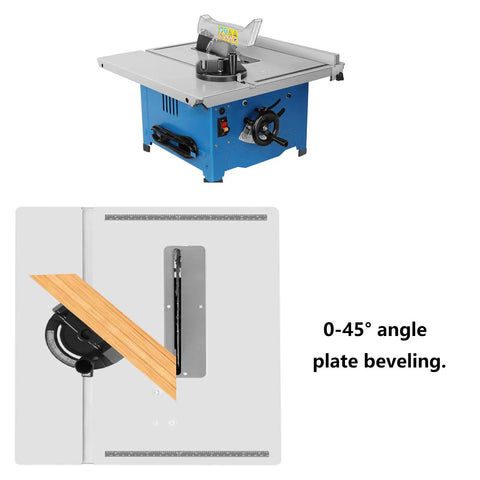 Hustle Ready 8 Inch Mini Table Saw Benchtop Miter Cutter with adjustable 0-45° angle plate beveling for precision cuts.