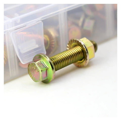 Close-up of hex head bolt from 56 Pieces M8 Bolts And Nuts Kit With Flange Hex Head, Lengths From 20 To 50mm, Grade 8.8 Alloy Steel Metric Fasteners