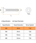 100 Pack Flat Head Torx Screws M3 X Ten Millimeter 304 Stainless Steel Countersunk with Torx T10 drive specification diagram