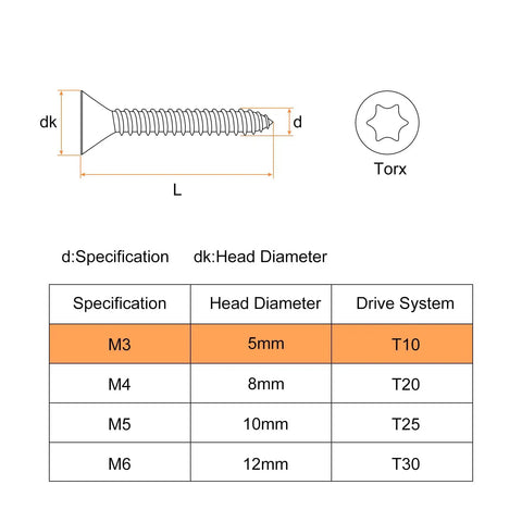100 Pack Flat Head Torx Screws M3 X Ten Millimeter 304 Stainless Steel Countersunk with Torx T10 drive specification diagram