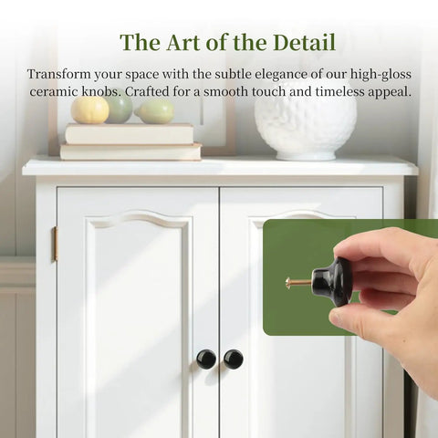 Hand holding a knob from 40 Pack Black Ceramic Cabinet Knobs Set With Glossy Mushroom Style Finish For Cabinets And Drawers