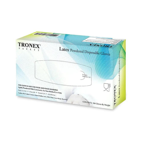 Top Shelf Latex Disposable Gloves For Food Prep And Daily Grind Corn Starch Powdered General Purpose Cleaning Non Medical Gear box of 100 extra large gloves in packaging.