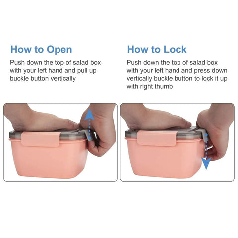 Instructions on opening and locking Pink Salad To Go Containers 2 Pack 52 Ounce Bowls With Three Compartments, shown in hand.