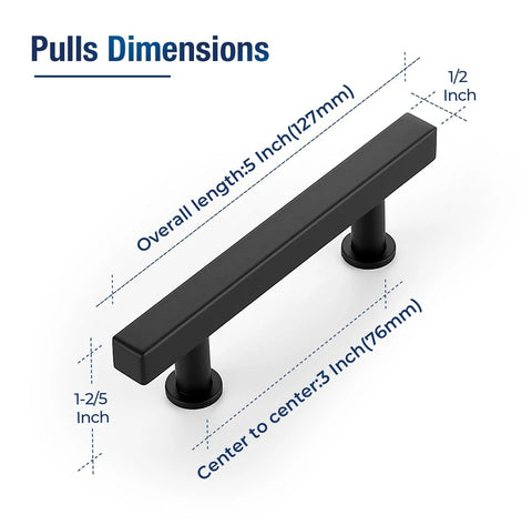 10 Pack Matte Black 3 Inch Hole Center Cabinet Handles Stainless Steel Square Dresser Pulls with dimensions labeled