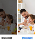 Comparison of WDR effect on image showing a man and child at breakfast, highlighting the clarity difference with WDR on and off.