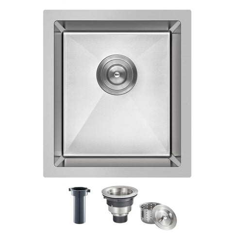 Undermount Bar Sink 13 By 15 Inch Single Bowl For Prep Kitchen, Handmade 18 Gauge T304 Stainless Steel With Strainer, shown top view