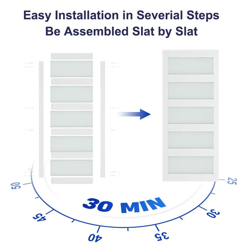 Diagram showing easy assembly of 36 By 84 Inch Glass Barn Door With 6.6 Ft Brushed Nickel Sliding Hardware Kit, assembled slat by slat.